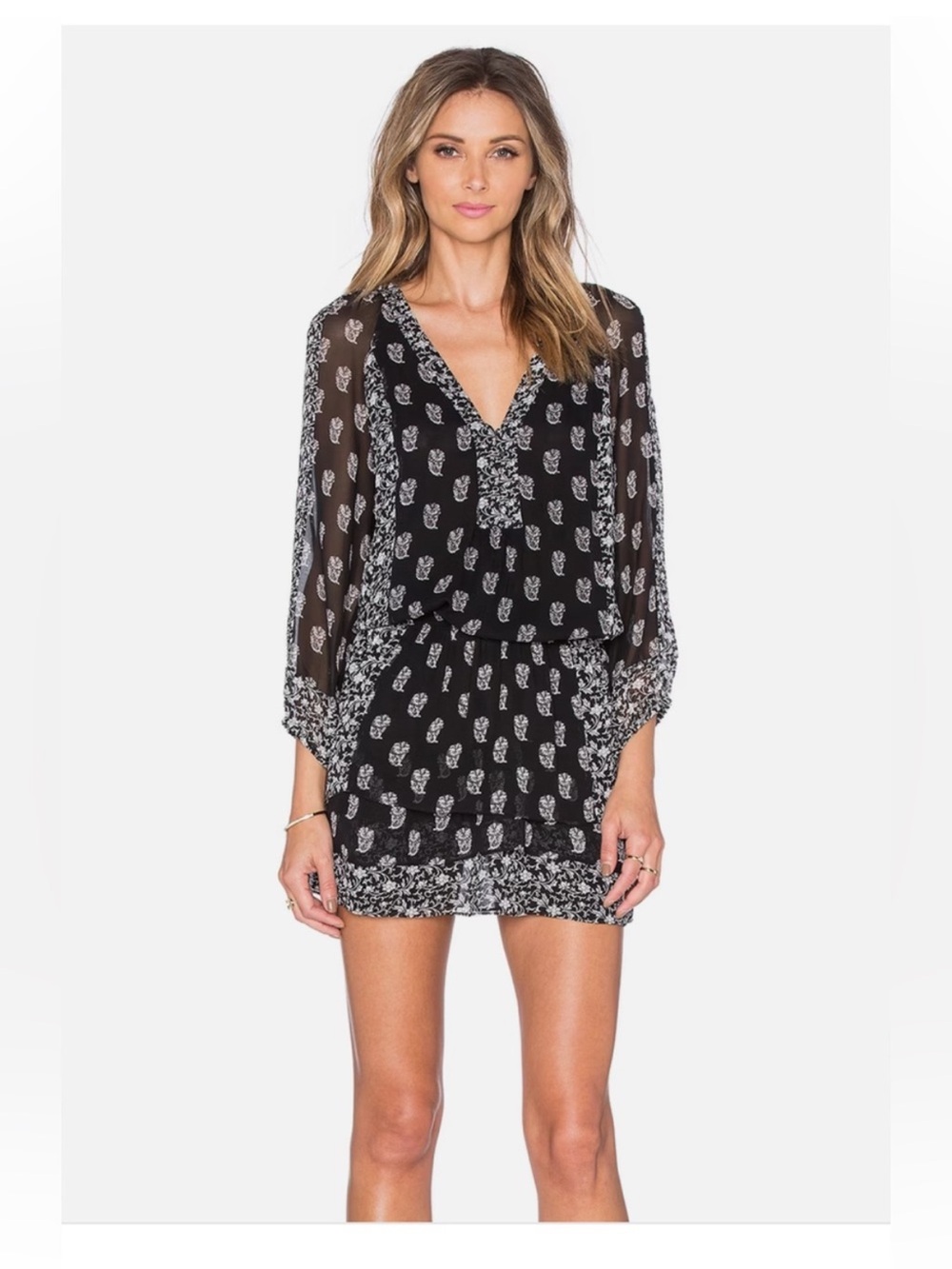 Joie Black White Mixed Print Silk Blouse M Boho Sheer Tunic Top